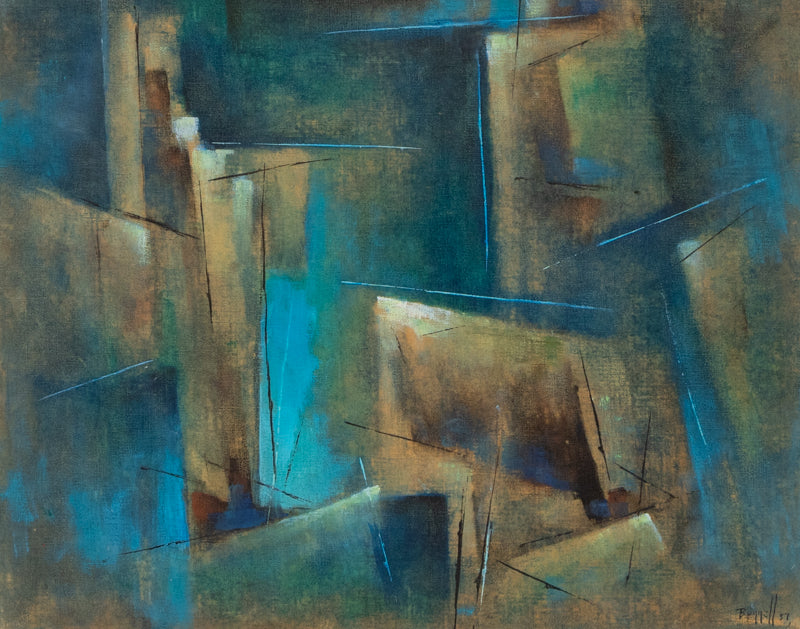 Charles Bunnell (1897-1968) artwork for sale. Untitled (Abstract in Green, Blue & Dark Yellow), Painting, 1957, Denver, Colorado, Art Gallery)