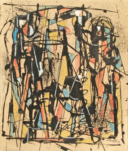 Charles Bunnell (1897-1968) artwork for sale. Untitled (Abstract in Orange, Blue, Yellow, Black, and White), Painting, 1954, Denver, Colorado, Art Gallery)