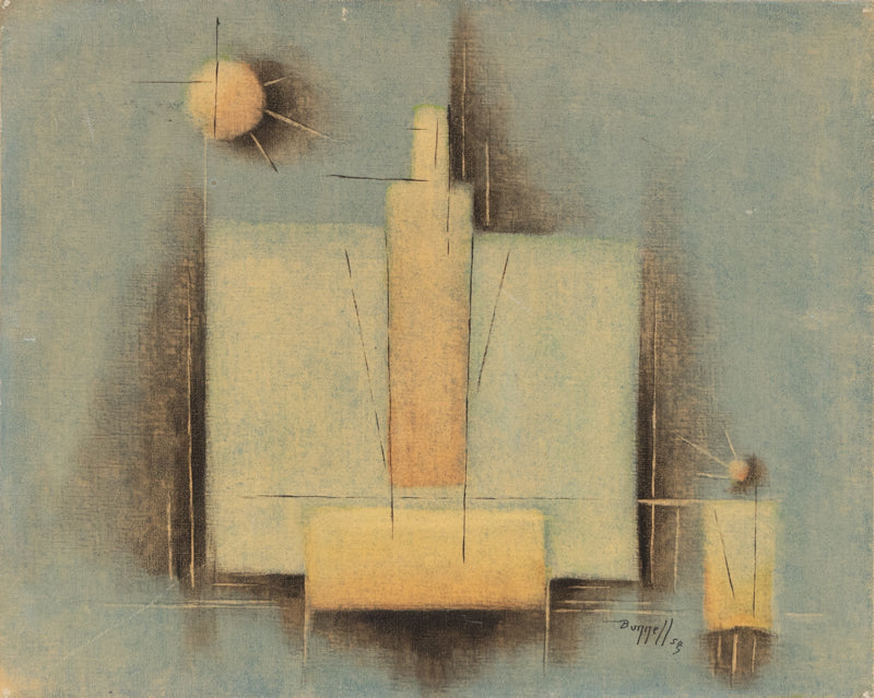 Charles Bunnell (1897-1968) artwork for sale. Untitled (Abstract in Pale Blue, Yellow, Gray and Black), Painting, 1954, Denver, Colorado, Art Gallery)