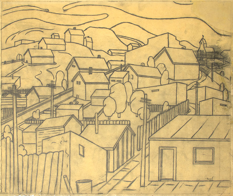 Charles Bunnell (1897-1968) artwork for sale. Untitled (Houses and Hills), Drawing, circa 1935, Denver, Colorado, Art Gallery)