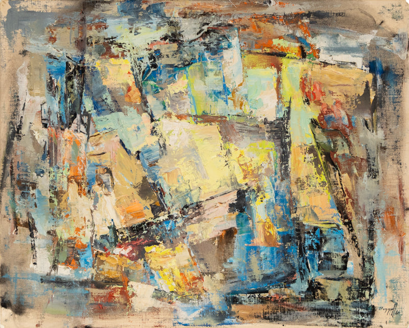 Charles Bunnell (1897-1968) artwork for sale. Carnival (Abstract in Blue, Taupe, Yellow, Orange, and Black), Painting, 1960, Denver, Colorado, Art Gallery)