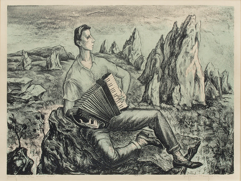 Peppino Mangravite (1896-1978) artwork for sale. Young Man Who Went West (Man Playing Accordian), Print, circa 1940, Denver, Colorado, Art Gallery)