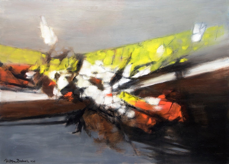 Watson Bidwell (1904-1964) artwork for sale. Along the Way (Abstract in Gray, Black, White, Yellow, and Orange), Painting, 1960, Denver, Colorado, Art Gallery)