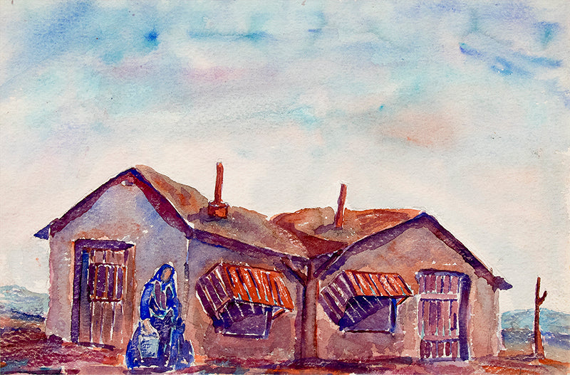 Frank Gates (1904-1998) artwork for sale. Untitled (Woman Carrying Water with Adobe House), Painting, circa 1945, Denver, Colorado, Art Gallery)