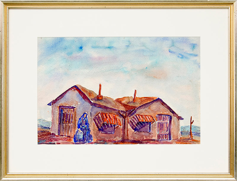 Untitled (Woman Carrying Water with Adobe House), Painting, circa 1945