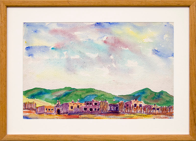 Untitled (Landscape of Adobe Buildings with Mountains), Painting