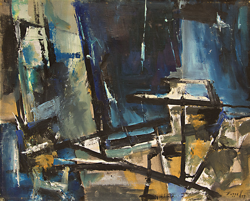 Charles Bunnell (1897-1968) artwork for sale. Untitled (Abstract in Black, Blue, White, and Gold), Painting, 1959, Denver, Colorado, Art Gallery)