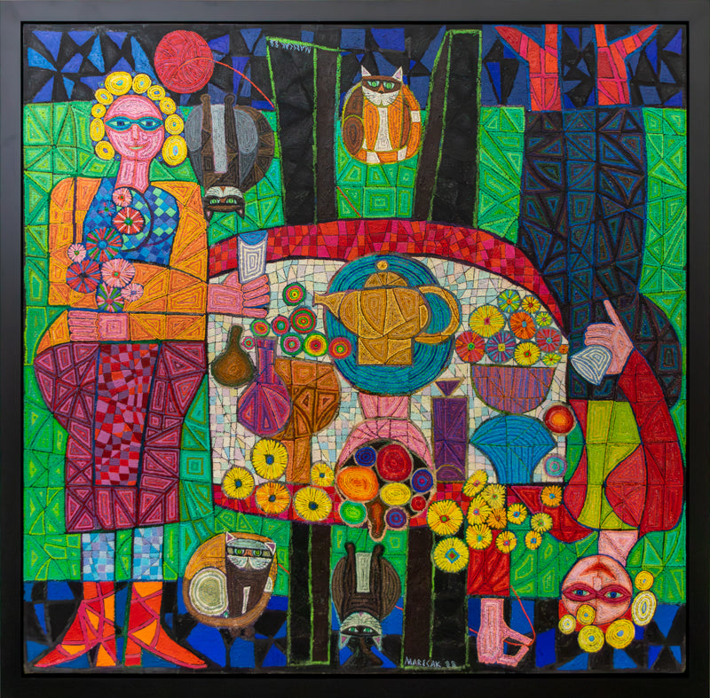 Two Mystic Ladies with Four Cats ("Cat Ladies"), Painting, 1988
