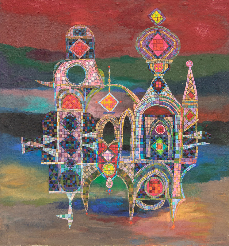 Edward Marecak (1919-1993) artwork for sale. The Floating Castle (Semi Abstract Castle), Painting, 1980, Denver, Colorado, Art Gallery)