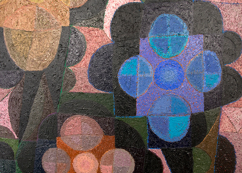 Floating Shapes (Abstract in Pink, Coral, Yellow, Blue, and Black), Painting, 1985