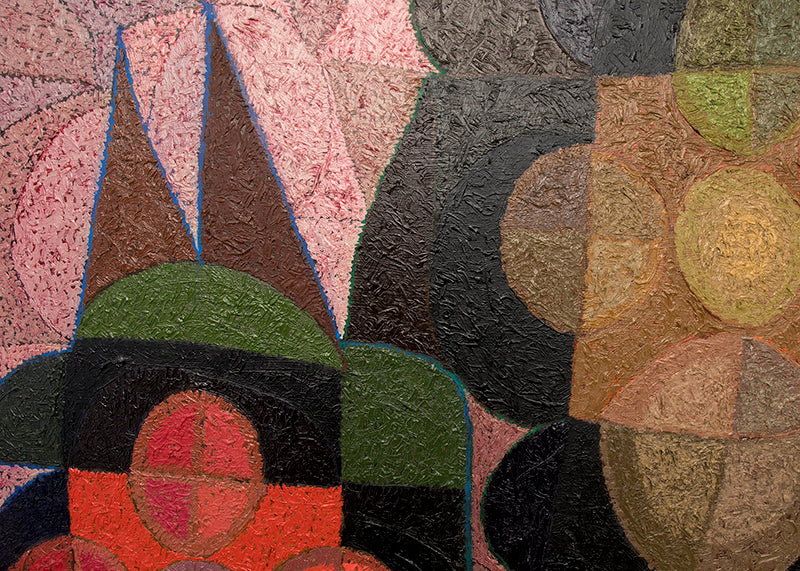 Floating Shapes (Abstract in Pink, Coral, Yellow, Blue, and Black), Painting, 1985