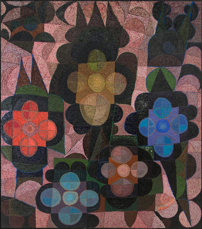 Floating Shapes (Abstract in Pink, Coral, Yellow, Blue, and Black), Painting, 1985