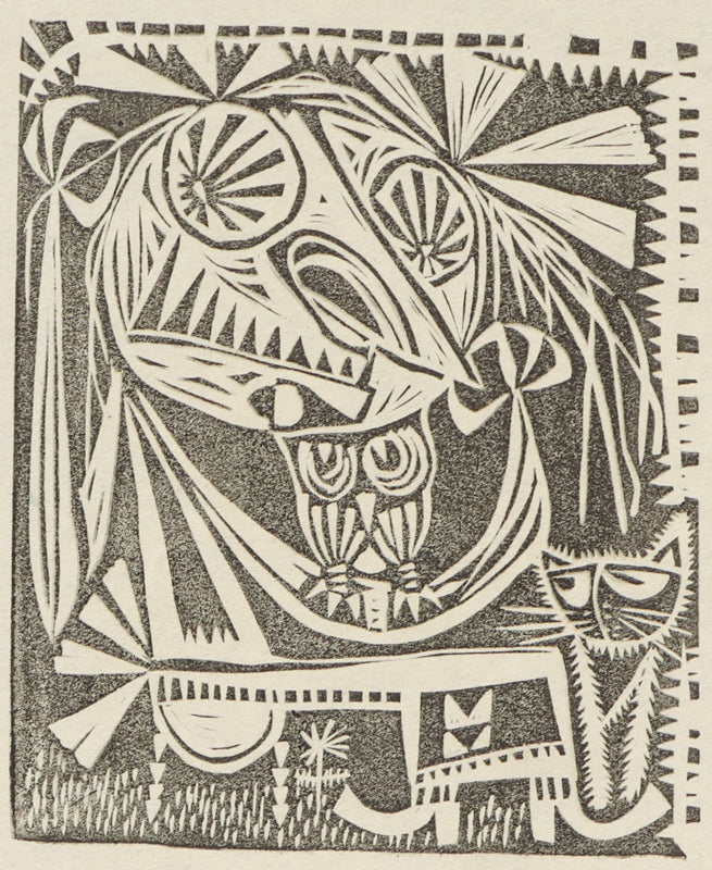 Edward Marecak (1919-1993) artwork for sale. Frustrated Witch (Abstract Woman with Owl and Cat), Print, Denver, Colorado, Art Gallery)