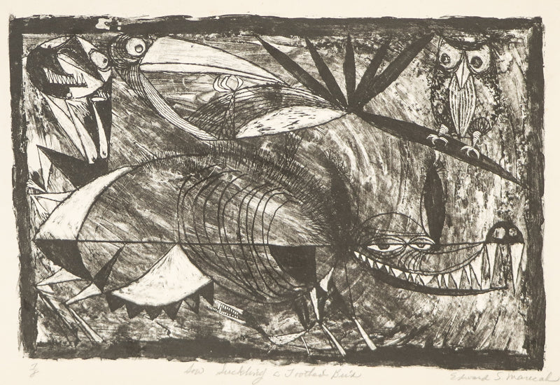Edward Marecak (1919-1993) artwork for sale. Sow Suckling a Toothed Bird (Abstracted Bird, Pig, Human, and Owl), Print, Denver, Colorado, Art Gallery)
