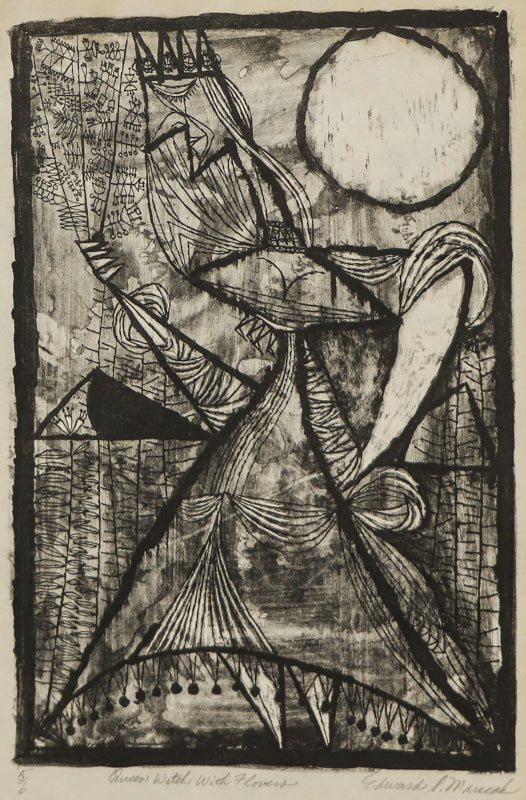 Edward Marecak (1919-1993) artwork for sale. Queen With Flowers (Abstract Female Figure), Print, circa 1940-1970, Denver, Colorado, Art Gallery)