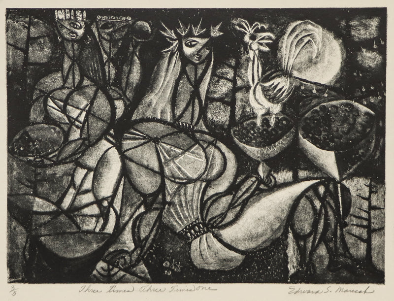Edward Marecak (1919-1993) artwork for sale. Three Times Three Times One (Feasting Figures), Print, Denver, Colorado, Art Gallery)