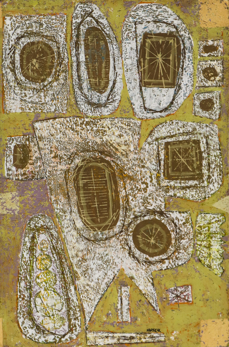 Edward Marecak (1919-1993) artwork for sale. Golden Seeds (Abstract in Gold, Yellow, Green, and White), Painting, 1960, Denver, Colorado, Art Gallery)