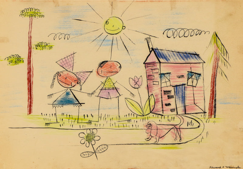 Edward Marecak (1919-1993) artwork for sale. Brother and Sister (Boy and Girl with House and Dog), Drawing, 1940, Denver, Colorado, Art Gallery)