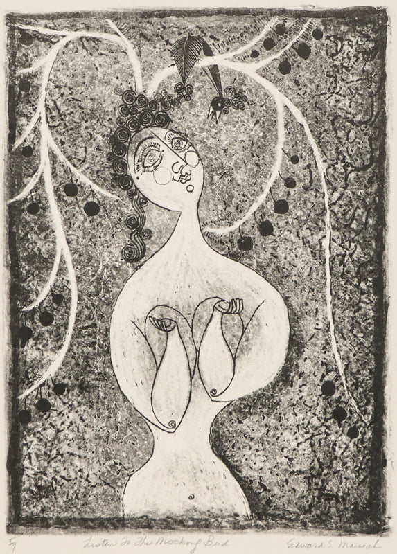 Edward Marecak (1919-1993) artwork for sale. Listen to the Mocking Bird (Woman with Bird), Print, Denver, Colorado, Art Gallery)