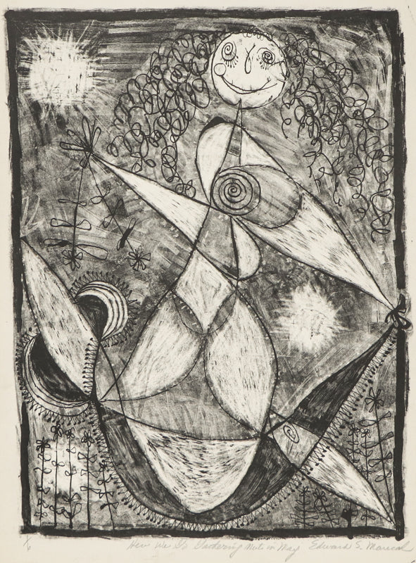 Edward Marecak (1919-1993) artwork for sale. Here We Go Gathering Nuts in May (Abstract Female Figure), Print, Denver, Colorado, Art Gallery)