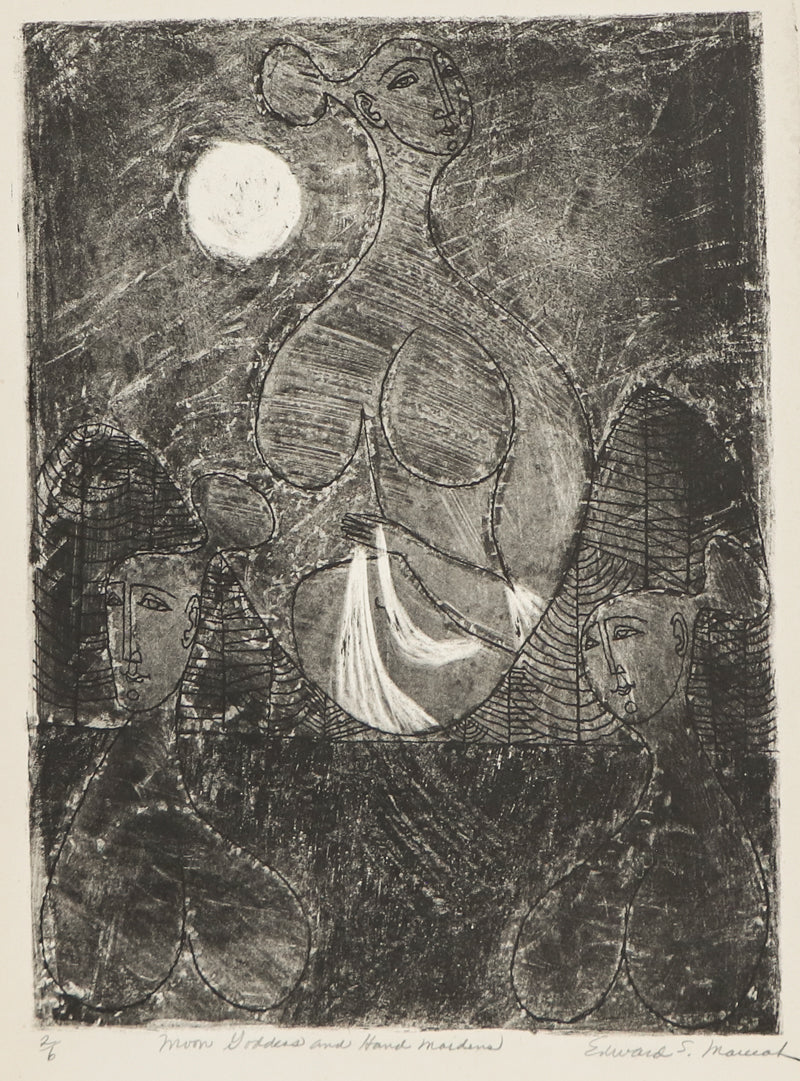 Edward Marecak (1919-1993) artwork for sale. Moon Goddess and Hand Maidens (Three Women), Print, Denver, Colorado, Art Gallery)