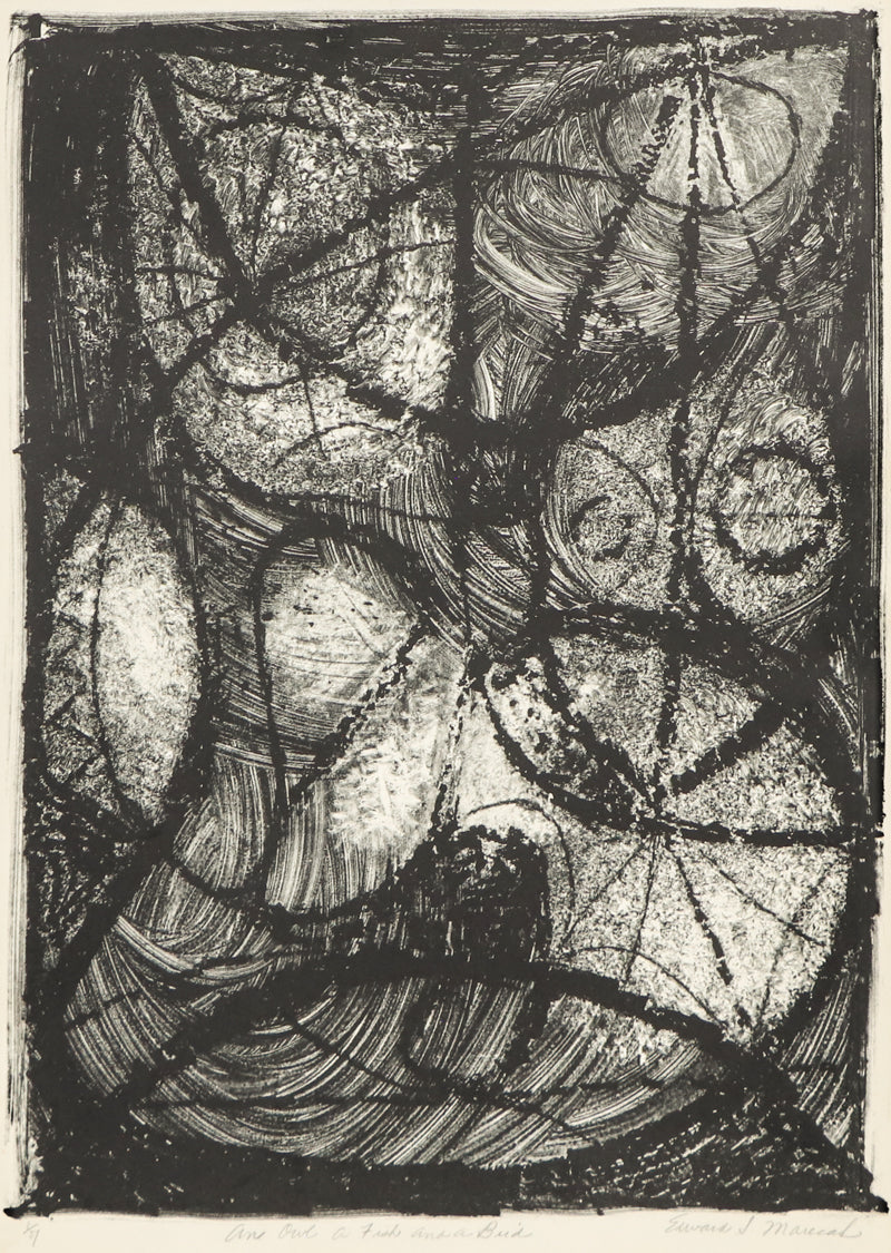 Edward Marecak (1919-1993) artwork for sale. An Owl A Fish and A Bird (Black and White Abstract), Print, circa 1940-1970, Denver, Colorado, Art Gallery)