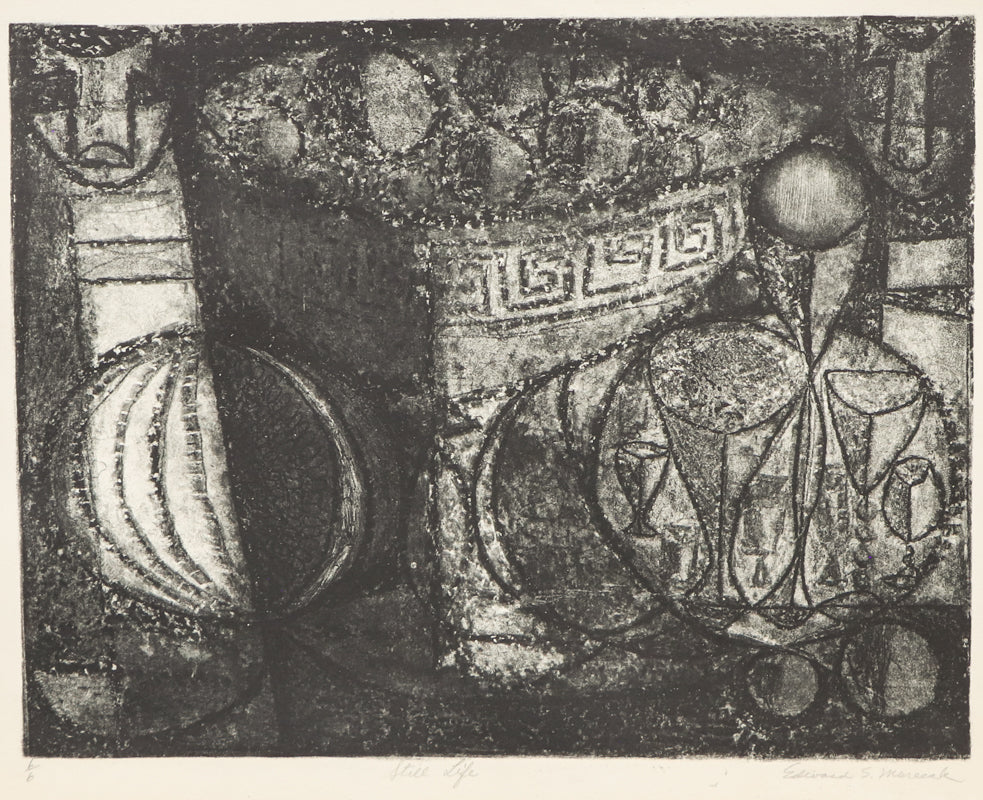 Edward Marecak (1919-1993) artwork for sale. Still Life #2 (Black and White Abstract), Print, circa 1940-1970, Denver, Colorado, Art Gallery)