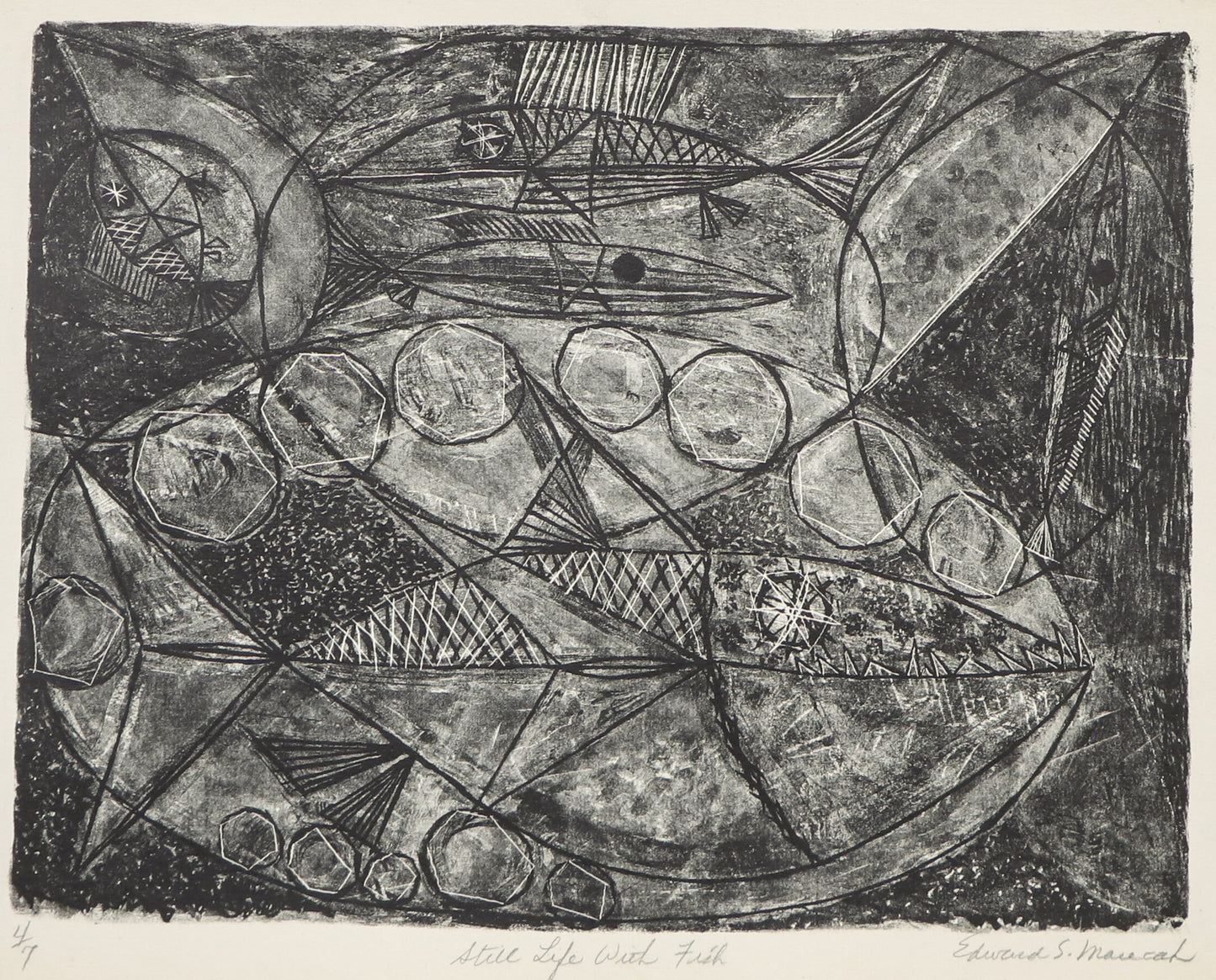 Edward Marecak (1919-1993) artwork for sale. Still Life with Fish #2 (Black and White Abstract), Print, circa 1940-1970, Denver, Colorado, Art Gallery)