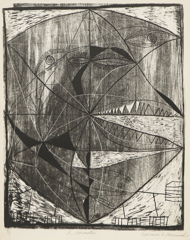 Edward Marecak (1919-1993) artwork for sale. A Monster (Black and White Abstract), Print, circa 1940-1970, Denver, Colorado, Art Gallery)