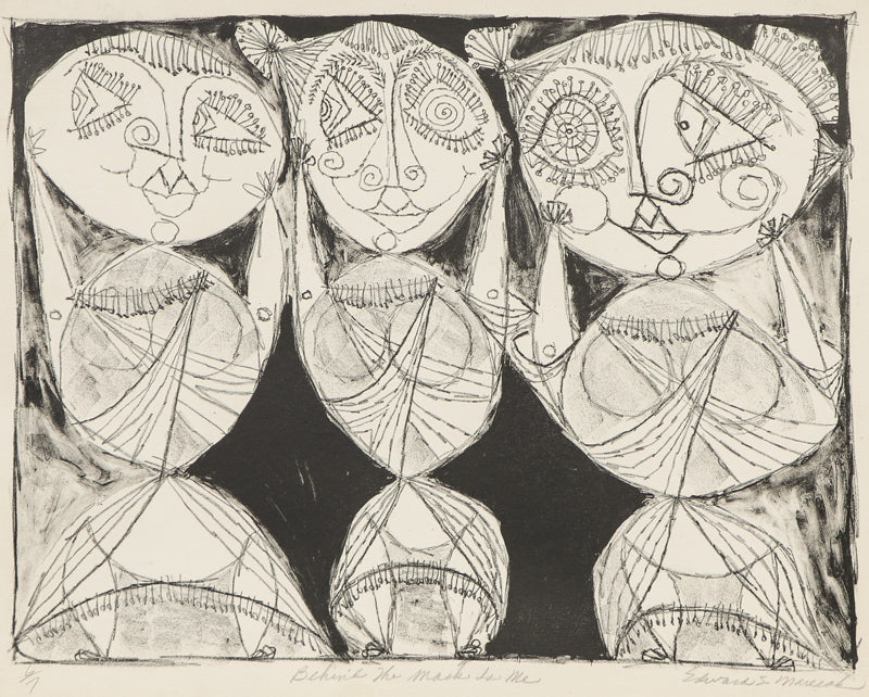 Edward Marecak (1919-1993) artwork for sale. Behind the Mask is Me (Women with Masks), Print, circa 1940-1970, Denver, Colorado, Art Gallery)
