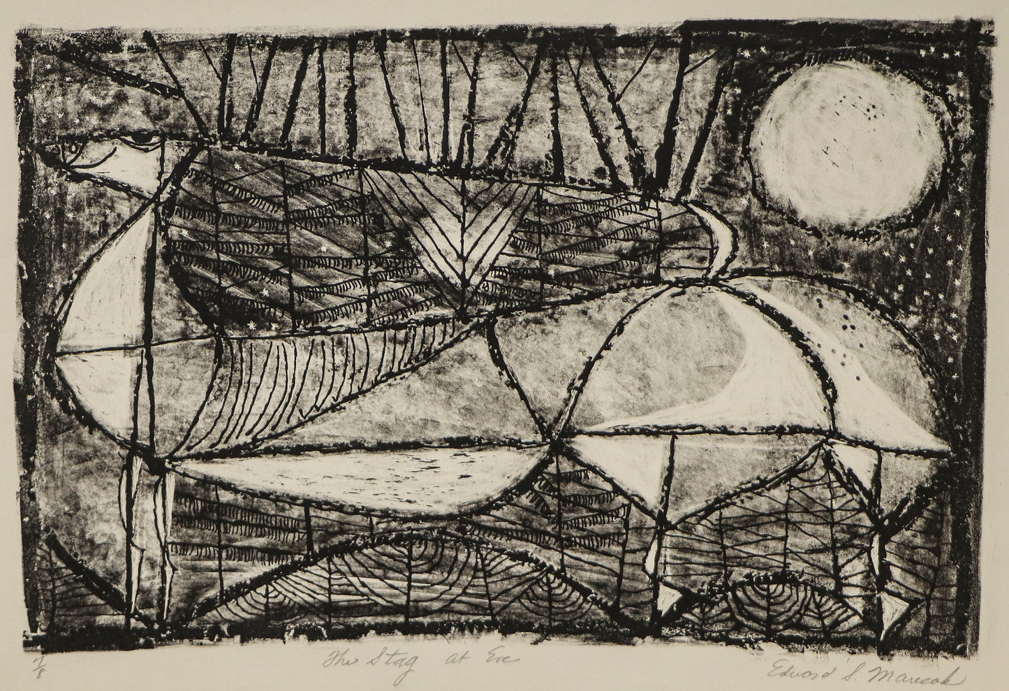 Edward Marecak (1919-1993) artwork for sale. The Stag at Eve (Deer Underneath the Moon), Print, Denver, Colorado, Art Gallery)