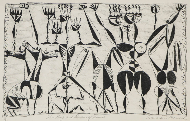 Edward Marecak (1919-1993) artwork for sale. The King and Queen of Hades (Abstracted Figures in Black and White), Print, Denver, Colorado, Art Gallery)