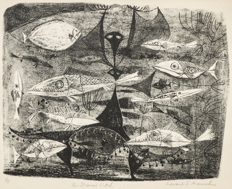 Edward Marecak (1919-1993) artwork for sale. The Drowned Witch (Woman Underwater with Fish), Print, Denver, Colorado, Art Gallery)
