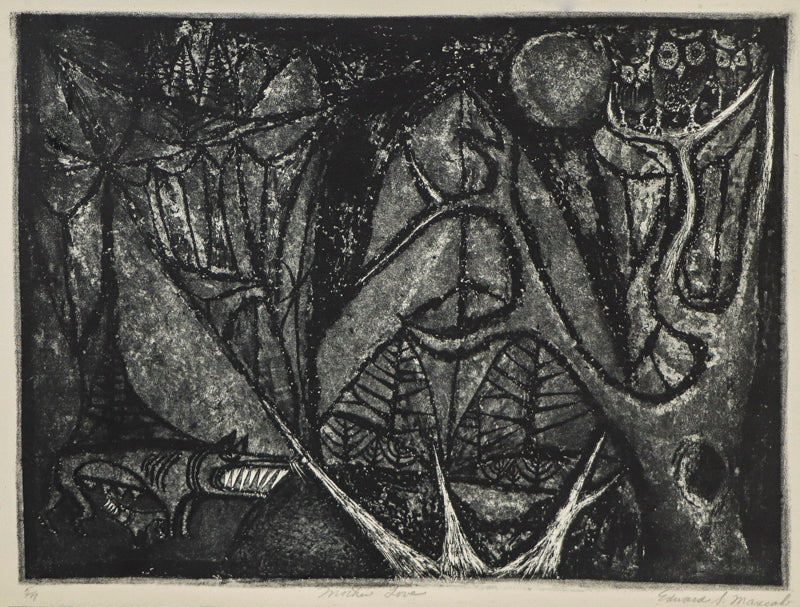 Edward Marecak (1919-1993) artwork for sale. Mother Love (Wolves and Owls in Forest), Print, Denver, Colorado, Art Gallery)