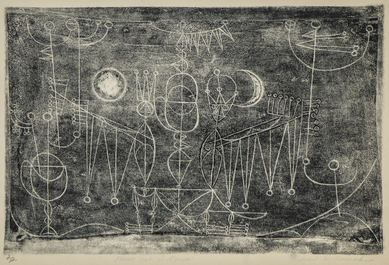 Edward Marecak (1919-1993) artwork for sale. Oberon and Titania (Abstracted Figures with Sun and Moon), Print, Denver, Colorado, Art Gallery)