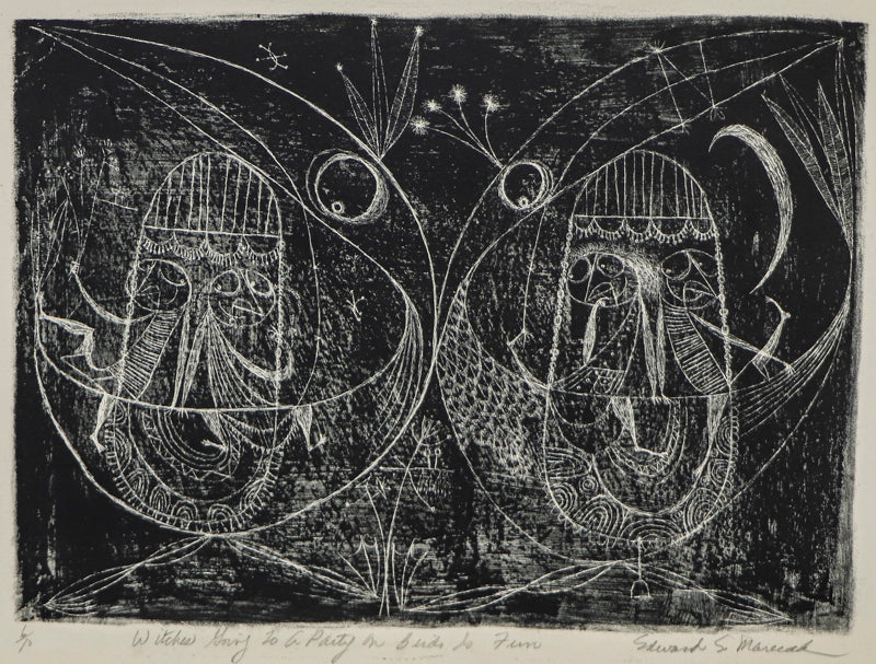 Edward Marecak (1919-1993) artwork for sale. Witches Going to a Party on Birds is Fun (Four Women Atop Birds), Print, Denver, Colorado, Art Gallery)