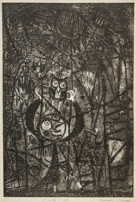 Edward Marecak (1919-1993) artwork for sale. Trudy Witch (Woman with Owls and Plants), Print, Denver, Colorado, Art Gallery)
