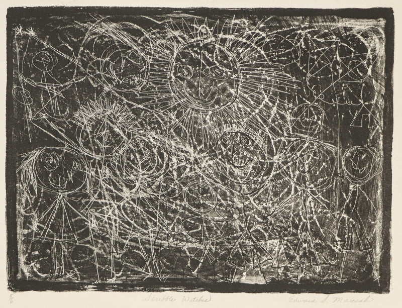 Edward Marecak (1919-1993) artwork for sale. Scribble Witches #1 (Black and White Abstract), Print, circa 1940-1970, Denver, Colorado, Art Gallery)