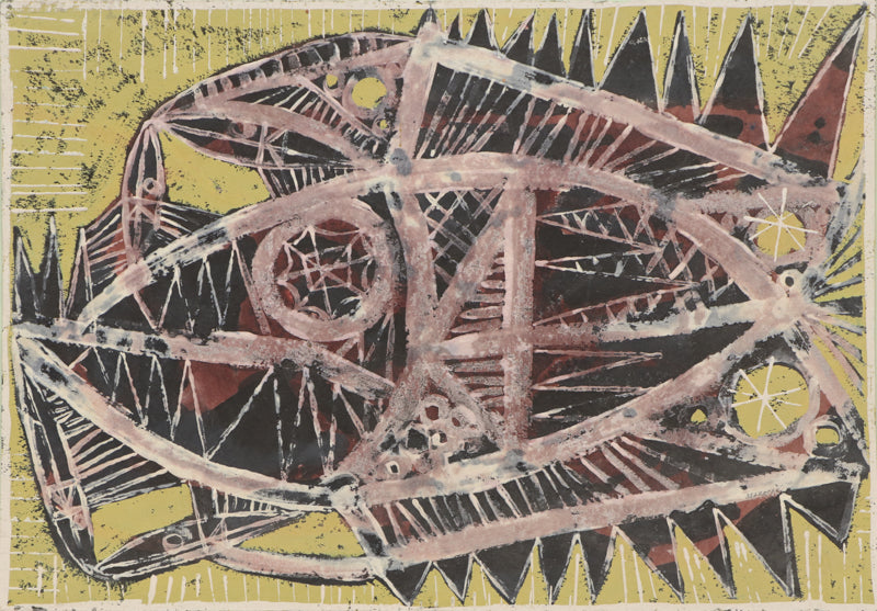 Birds and Fish (Abstract in Yellow, Red, and Black), Painting, circa 1960