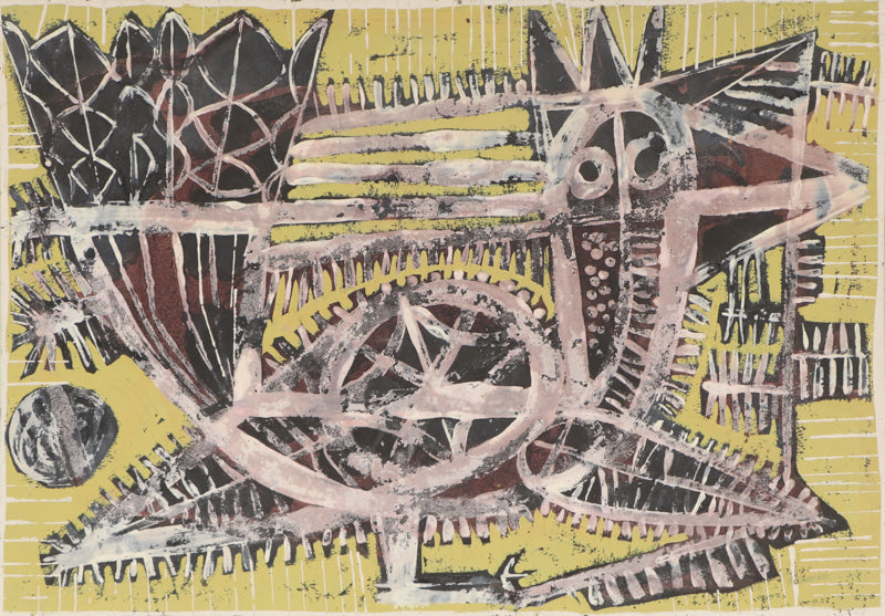 Birds and Fish (Abstract in Yellow, Red, and Black), Painting, circa 1960