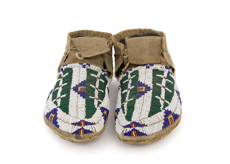 Arapaho artwork for sale. Beaded Moccasins with Buffalo Track and Tipi Motifs, circa 1880, Denver, Colorado, Art Gallery)