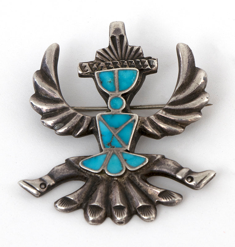 Horace Iule (Aiuli) (1901-1978), Zuni artwork for sale. Silver Knifewing Pin with Turquoise Channel Inlay, Denver, Colorado, Art Gallery)