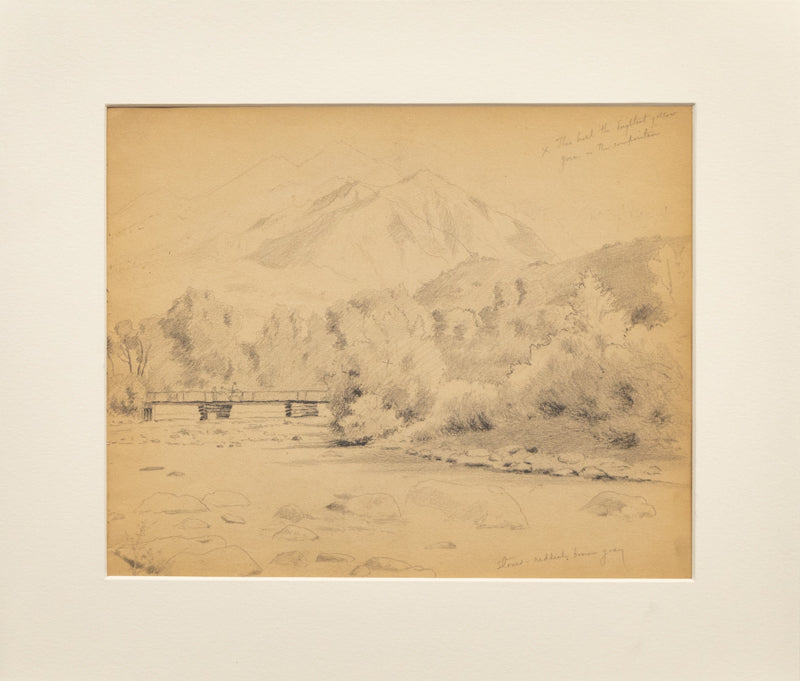 Untitled (Mountain Landscape with Bridge over a River, Horse and Rider with another Person, Drawing, circa 1910