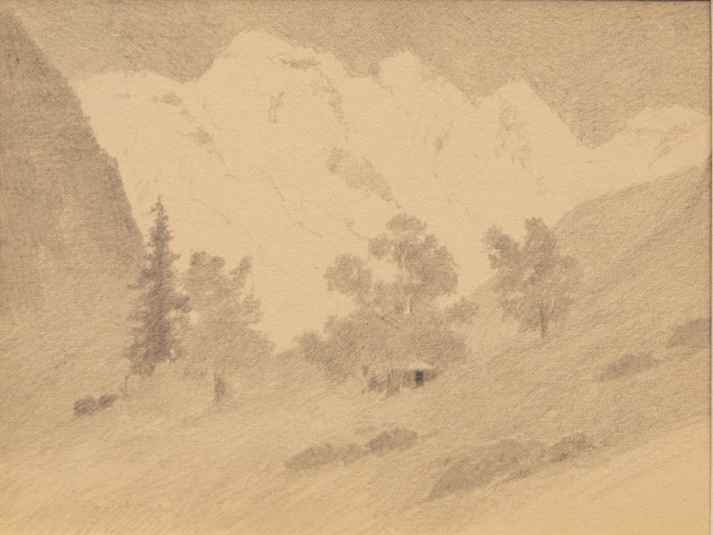 Charles Partridge Adams (1858-1942) artwork for sale. Sunset - Reflected Light (Cabin with Mountain Peaks), Drawing, circa 1910, Denver, Colorado, Art Gallery)