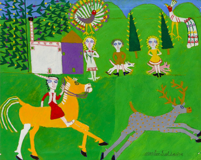 Martin Saldana (1874-1965) artwork for sale. Indian Girl with Deer (Hunting Party), Painting, 1953-1965, Denver, Colorado, Art Gallery)