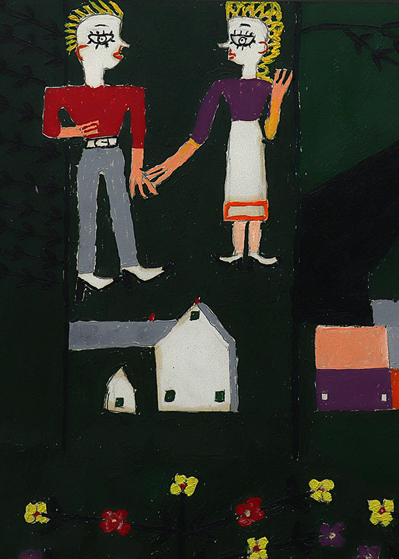 Farm and Figures (Couple with a Farm and Flowers), Painting, 1953-1965