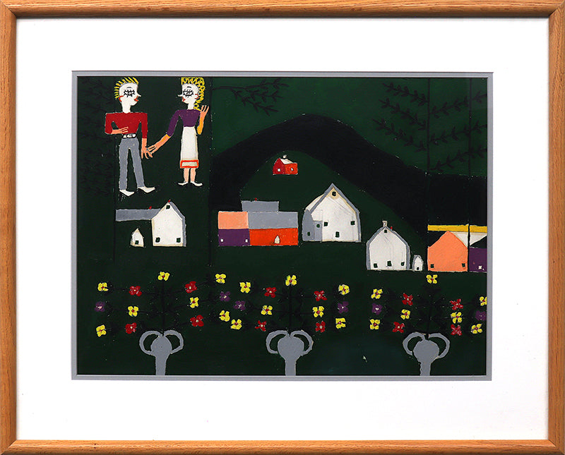 Farm and Figures (Couple with a Farm and Flowers), Painting, 1953-1965
