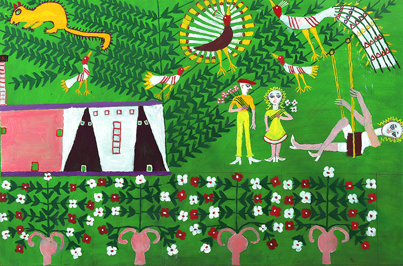 Martin Saldana (1874-1965) artwork for sale. Girl on a Swing (Composition with People, Flowers, and Birds), Painting, 1953-1965, Denver, Colorado, Art Gallery)