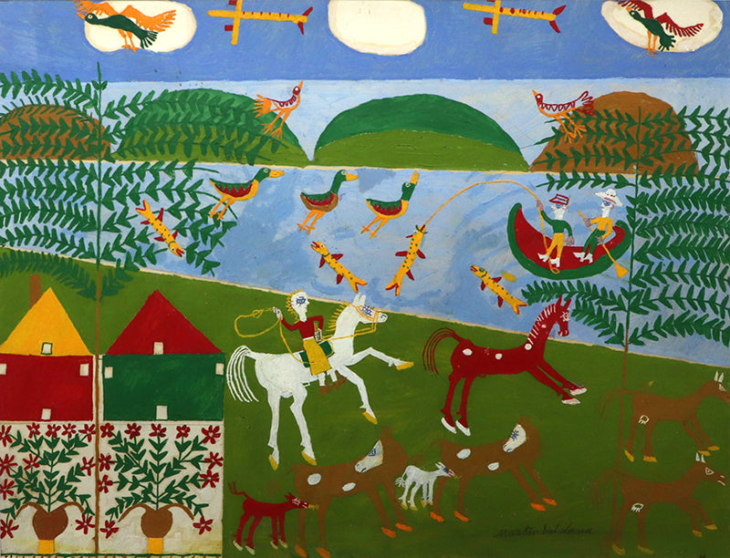 Martin Saldana (1874-1965) artwork for sale. The Red Horse (Composition with Horses, People, and Birds), Painting, 1953-1965, Denver, Colorado, Art Gallery)