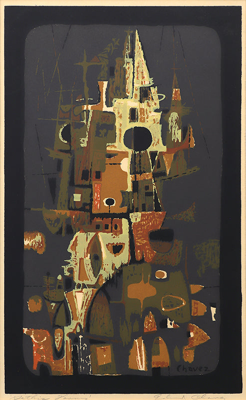 Edward (Eduardo) Chavez (1917-1995) artwork for sale. Gothic Towers (Abstract with Black, Gray, Umber, and Beige), Print, circa 1955, Denver, Colorado, Art Gallery)